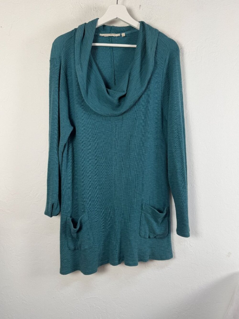 Soft Surroundings Teal Blue Cotton Waffle Knit Cowl Neck Tunic Sweater Large